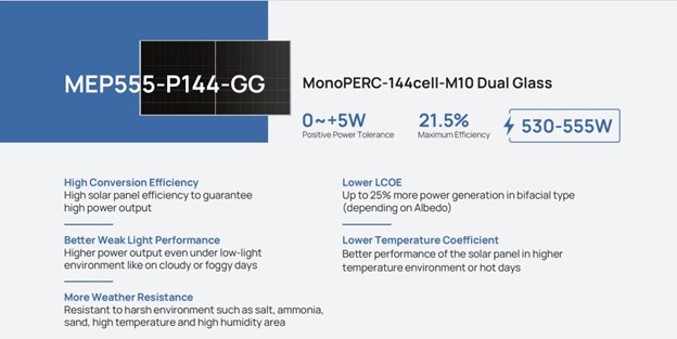 Solar Panel 555w Mana Energy Mono Crystalline Dual Glass model MEP555-P144-GG_01