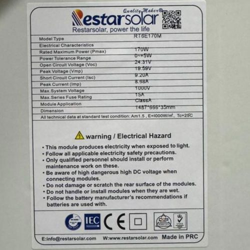 پنل خورشیدی 170 وات مونوکریستال Restarsolar مدل RT6E170M شماره 1