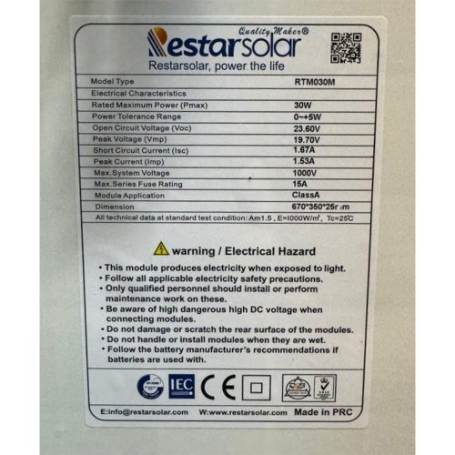 پنل خورشیدی 30 وات مونو کریستال Restar Solar مدل RTM030M عکس 01