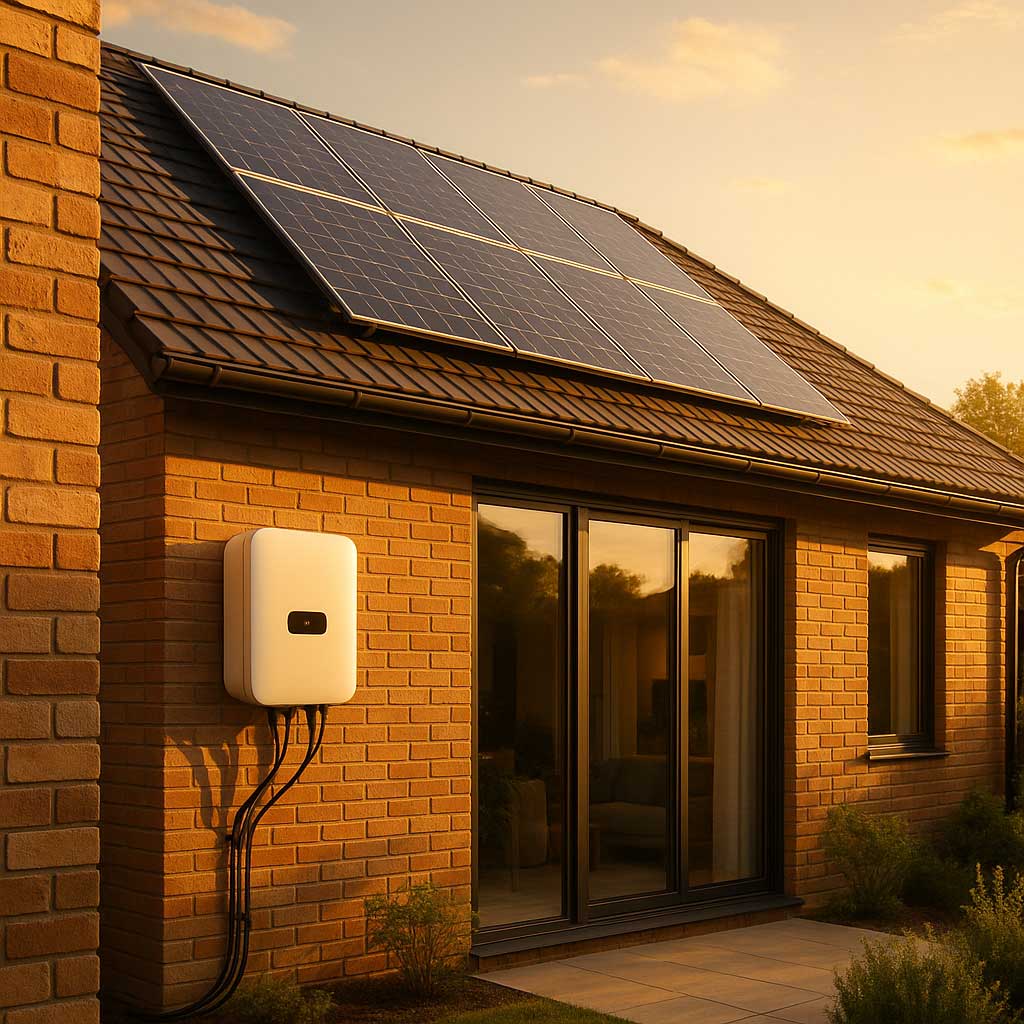 خانه مدرن با پنل خورشیدی روی سقف در غروب آفتاب