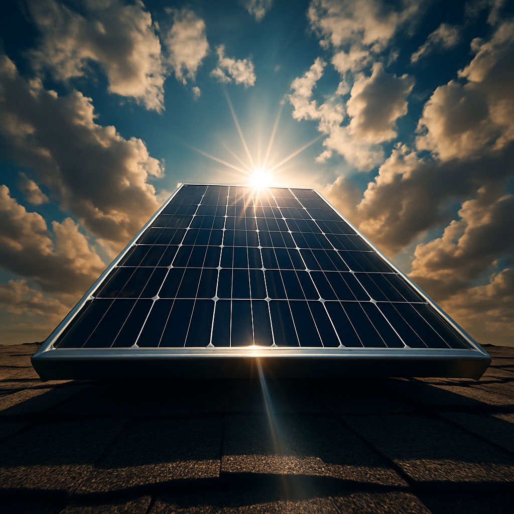 نمای زاویه پایین و حماسی از پنل خورشیدی در برابر آسمان درخشان ایران.