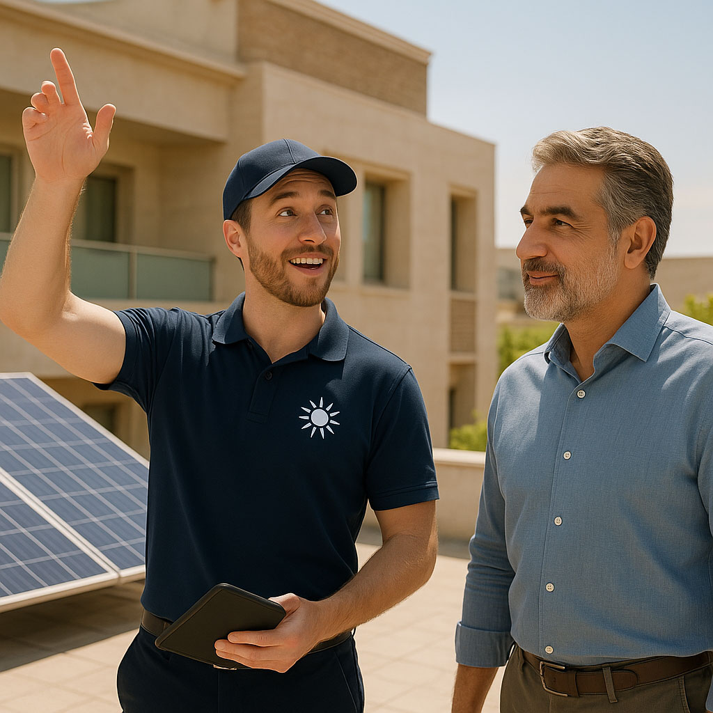 کارشناس انرژی خورشیدی در حال ارائه مشاوره تخصصی به صاحب‌خانه بر روی پشت‌بام آفتابی.