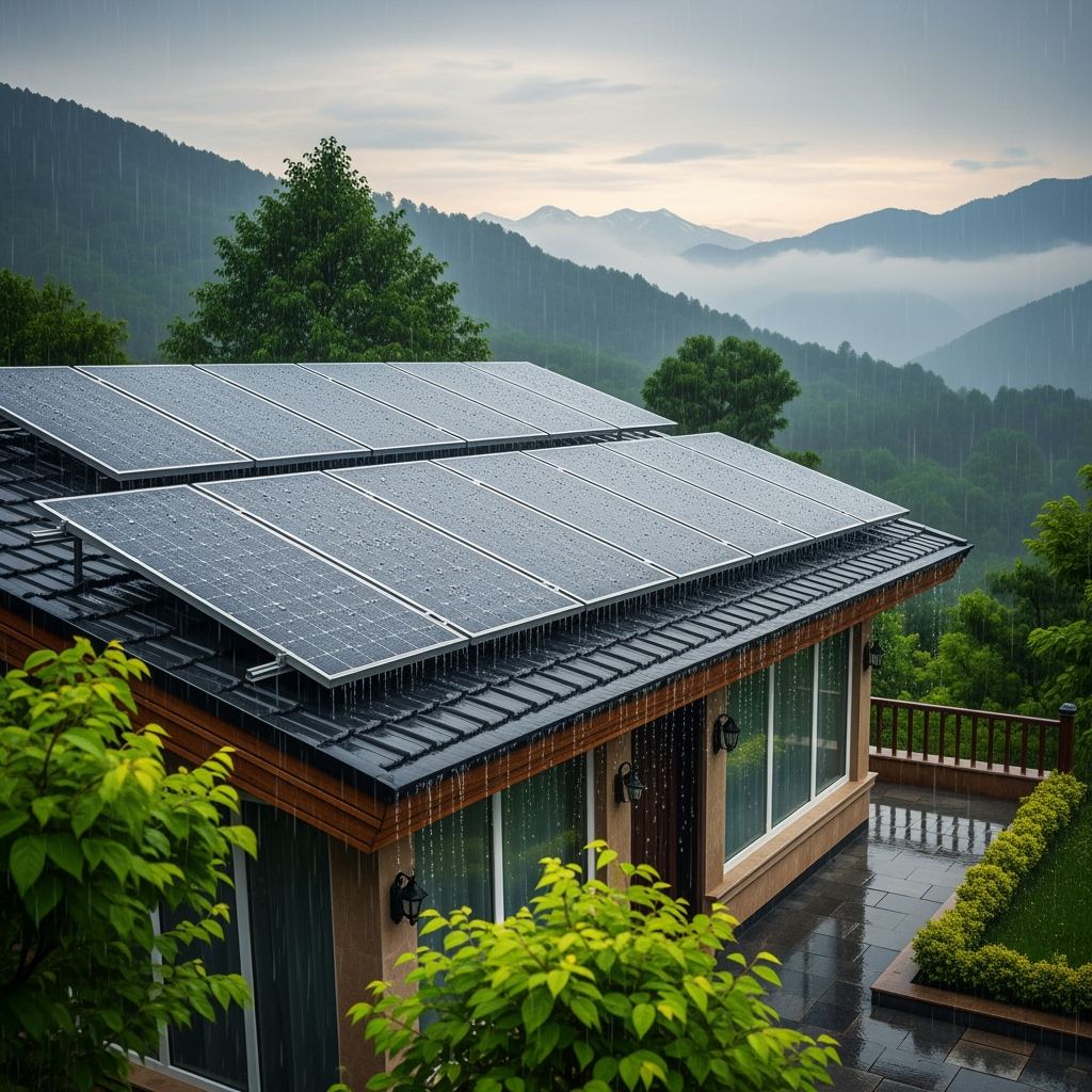 نمای بارانی یک ویلا در شمال ایران با پنل های برق خورشیدی روی سقف