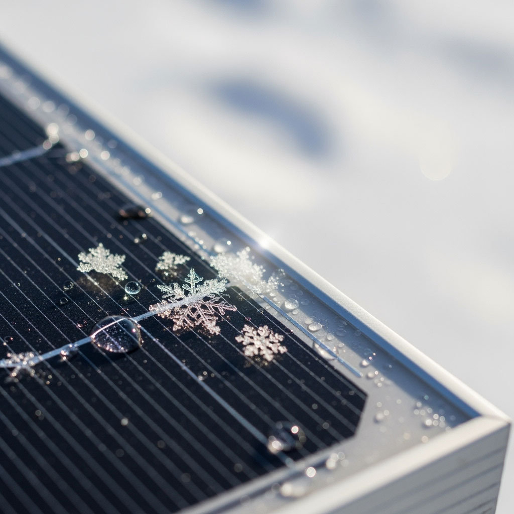 عکس نزدیک از سطح یک پنل خورشیدی که دانه‌های برف در حال ذوب شدن روی آن در زیر نور ضعیف خورشید هستند.