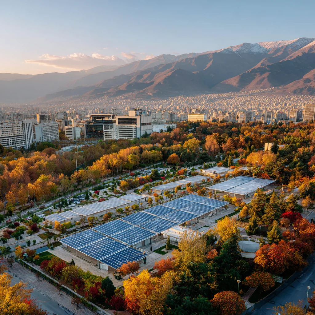 تولید برق خورشیدی در پاییز در یک شهر بزرگ