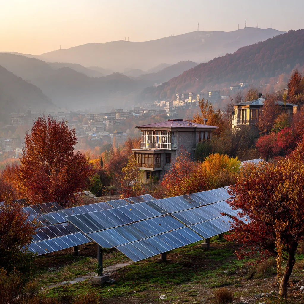 پنل‌ های خورشیدی برای تولید انرژی پاک در میان طبیعت در پاییز