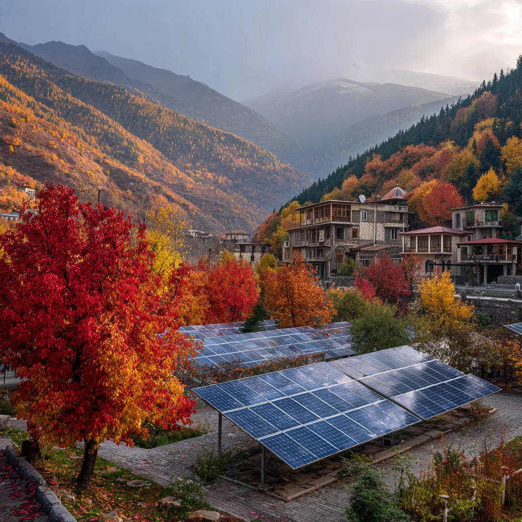 پنل‌ های خورشیدی در فصل پاییز در پس‌ زمینه کوهستان