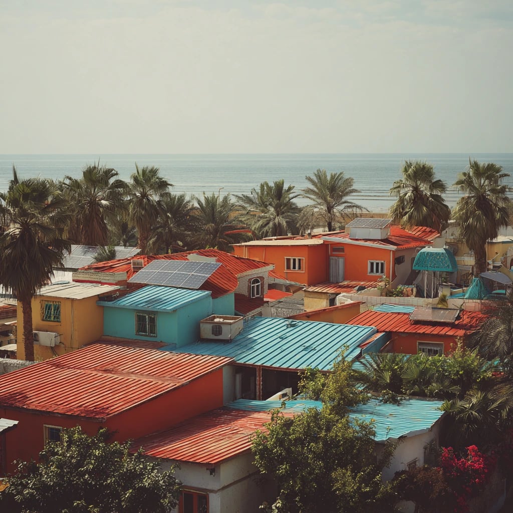 پنل خورشیدی روی بام خانه‌ های ساحلی