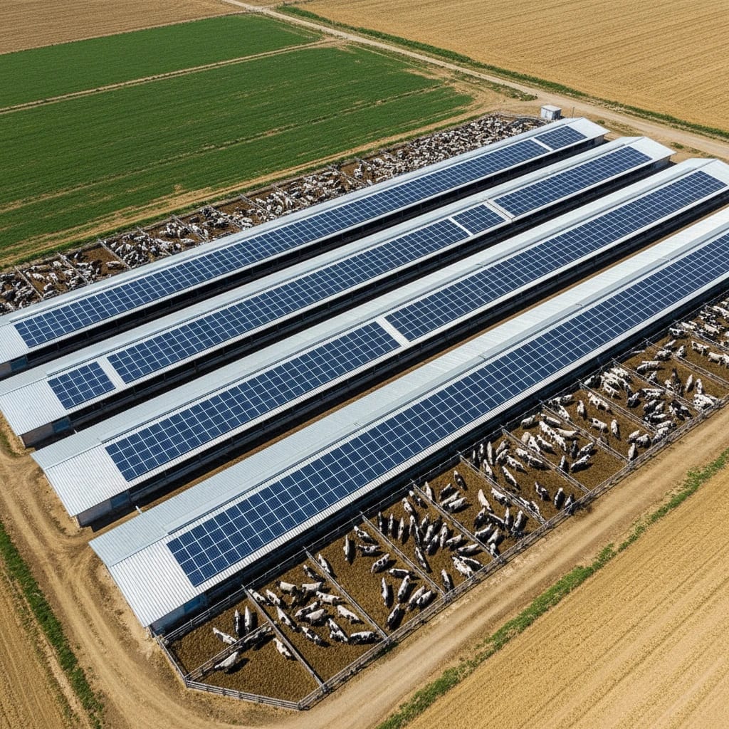 سیستم خورشیدی دامداری صنعتی: نصب پنل‌ ها روی سقف.