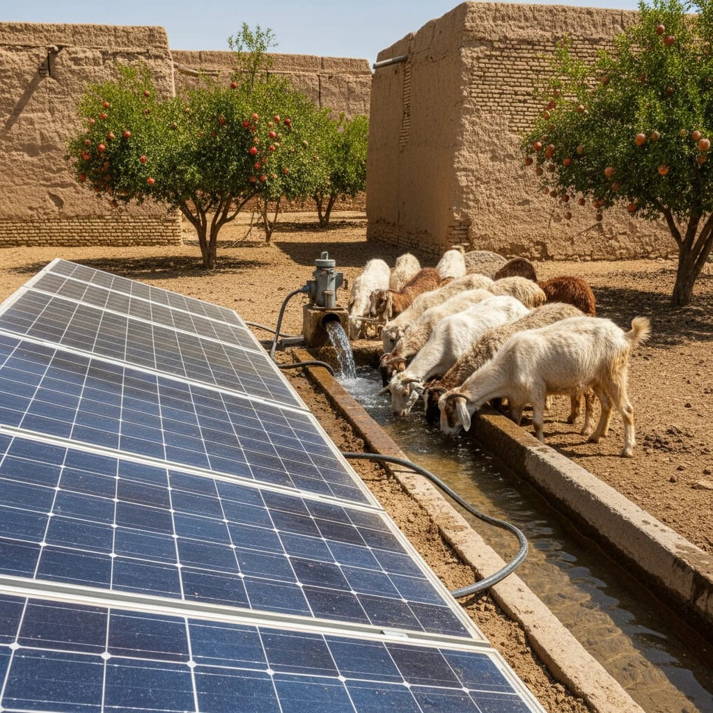 سیستم خورشیدی برای دامداری: پمپ آب دام‌ ها، مستقل از شبکه.