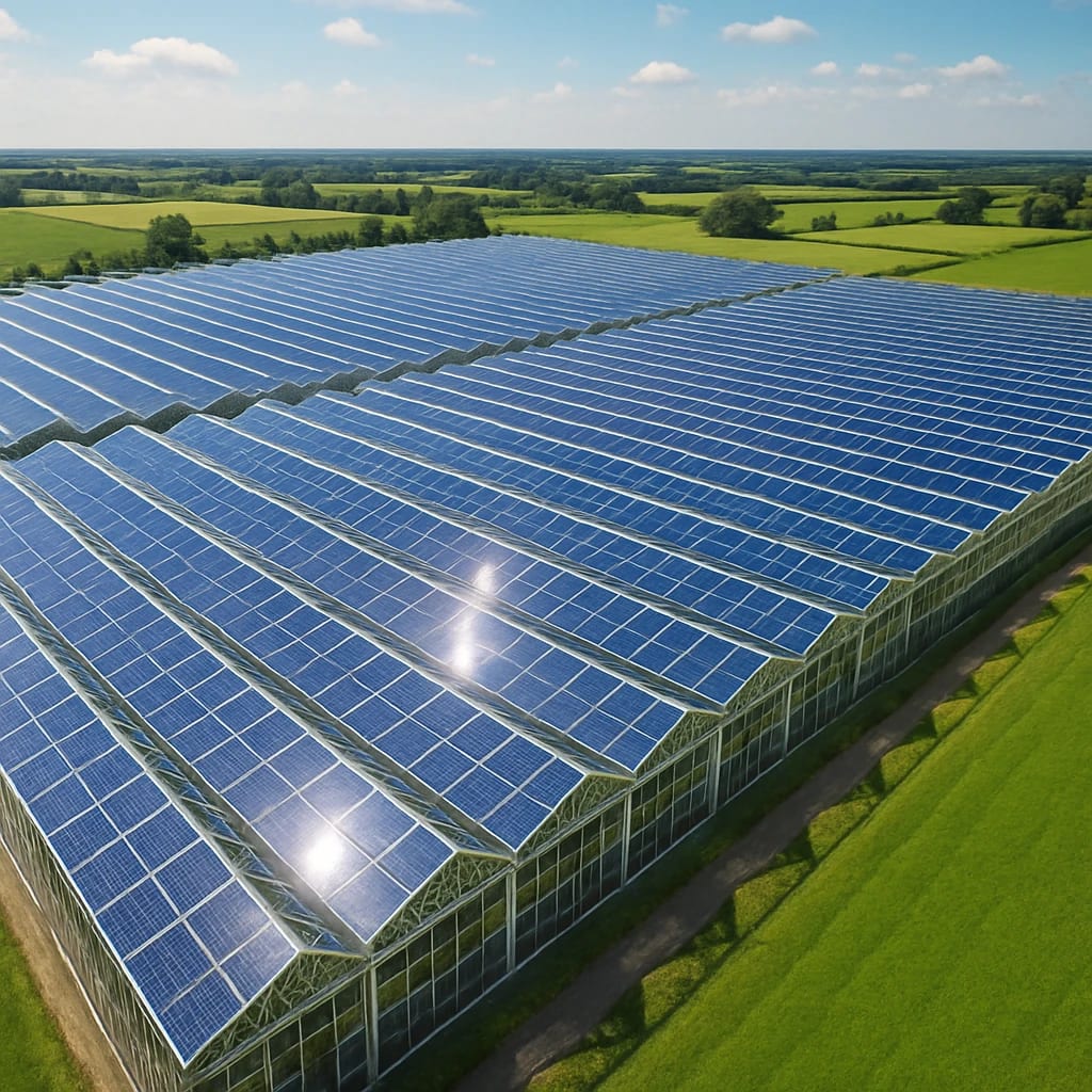 سیستم خورشیدی برای گلخانه در مقیاس صنعتی با پنل‌ های نصب شده روی سقف