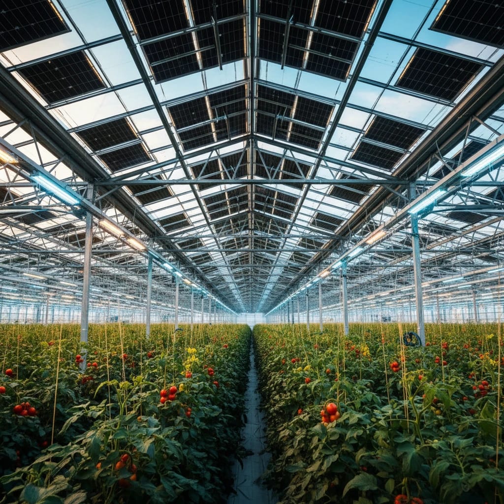 فضای داخلی گلخانه مجهز به پنل های خورشیدی سقفی و چراغ های رشد