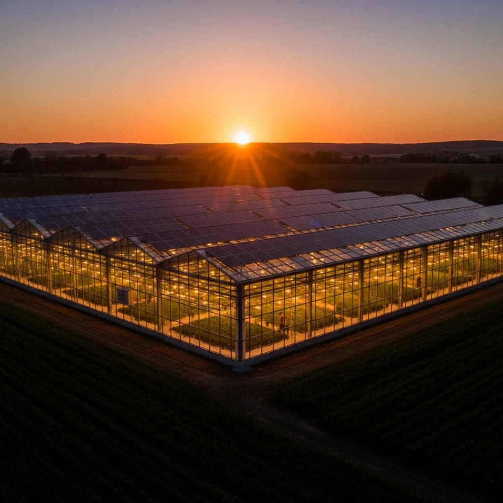 یک سیستم خورشیدی برای گلخانه بزرگ در هنگام غروب زیبای آفتاب