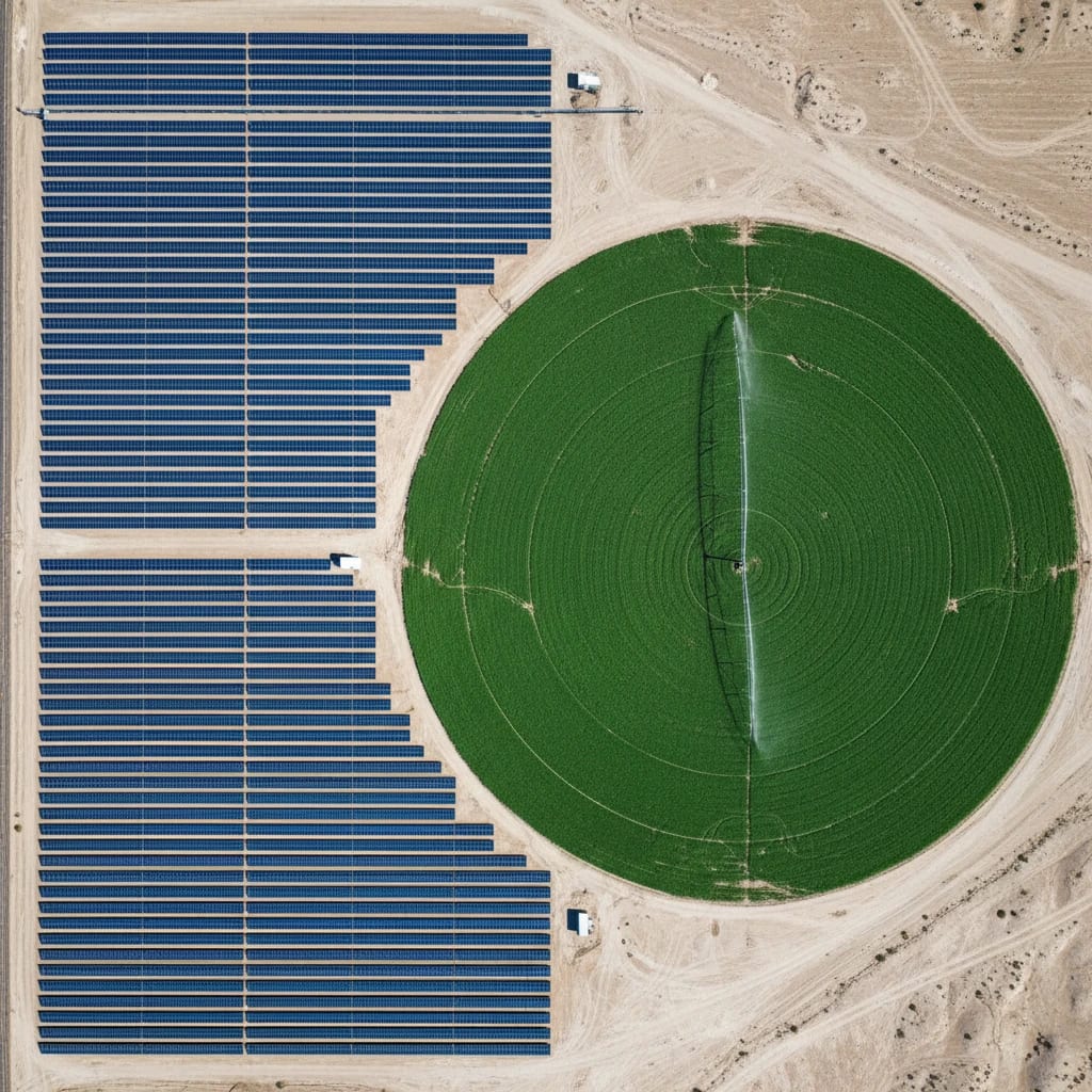 مزرعه و سیستم آبیاری محوری در کنار سیستم خورشیدی برای کشاورزی.