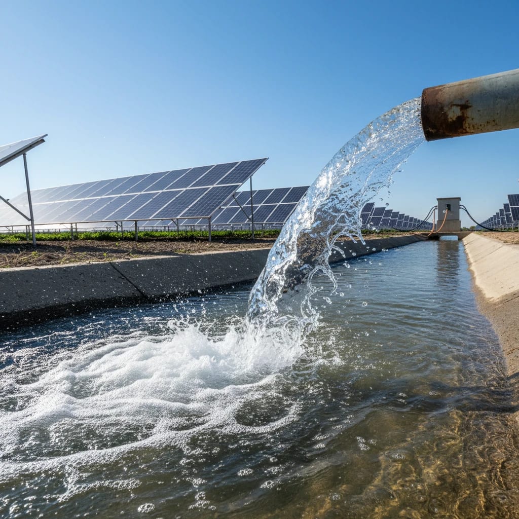 پمپاژ آب با برق سیستم خورشیدی برای کشاورزی در کانال.