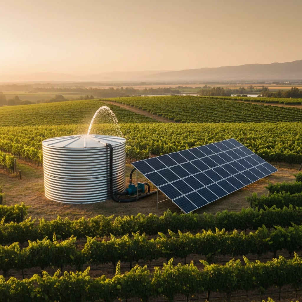 سیستم خورشیدی برای باغ، تأمین برق پمپ برای پر کردن منبع آب در تاکستان هنگام غروب.