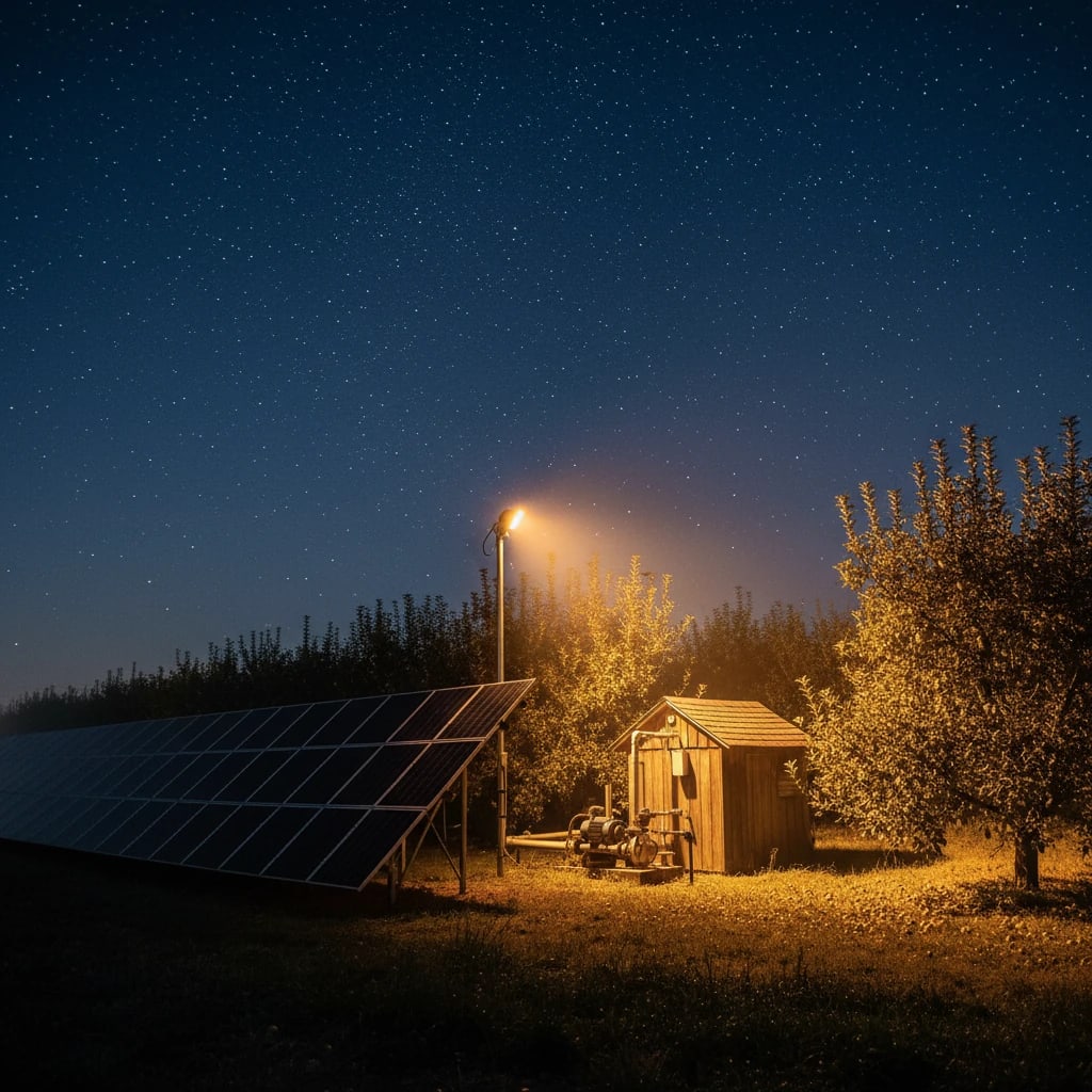 سیستم خورشیدی برای باغ، تأمین روشنایی در کنار پمپ آب در شب پر ستاره.