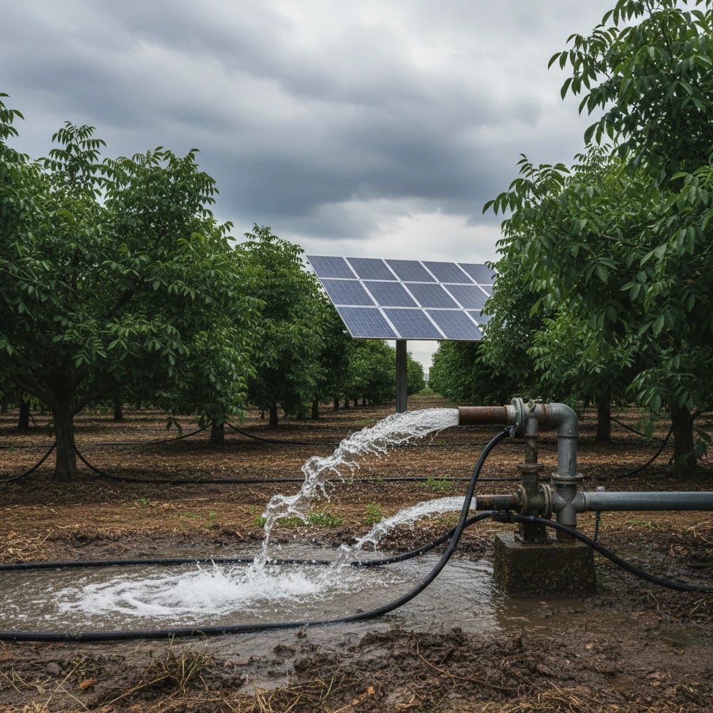 پمپاژ آب قوی برای آبیاری درختان با انرژی خورشیدی در روز ابری.