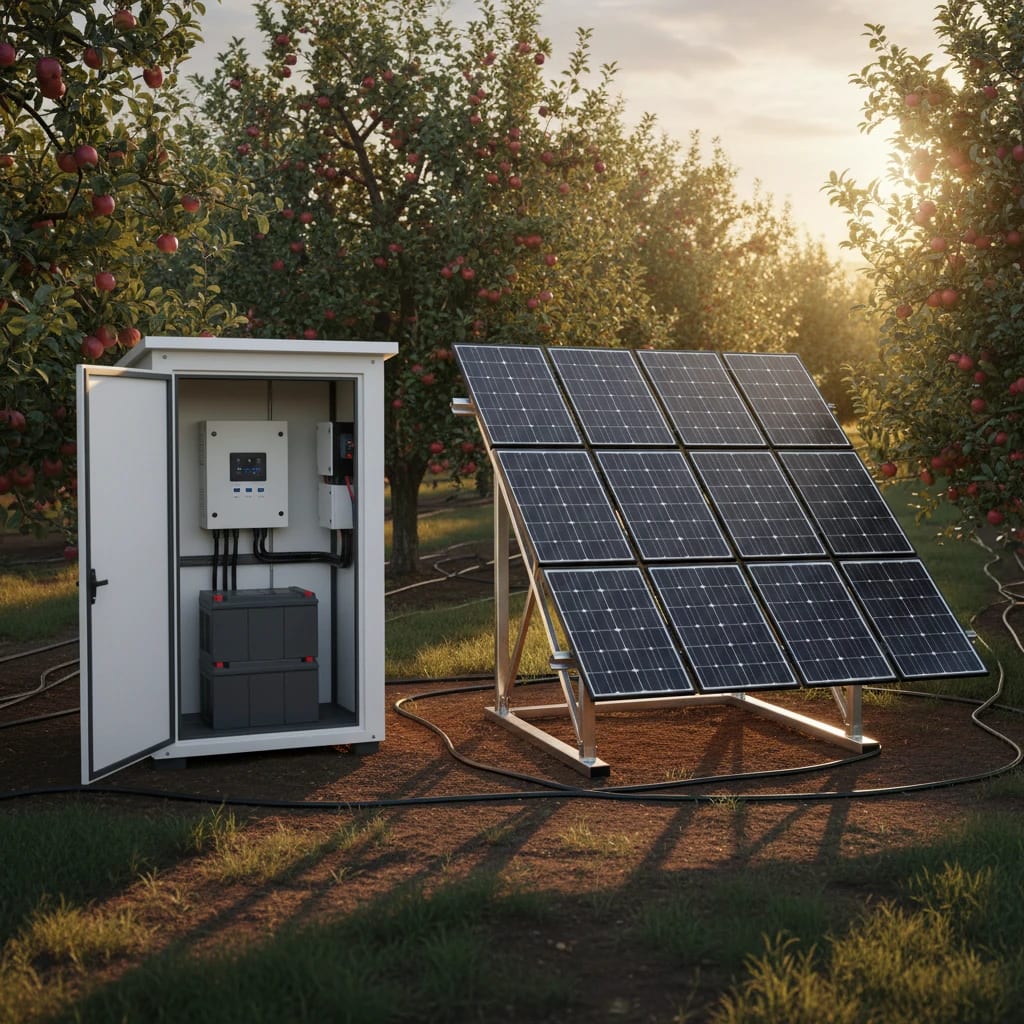 پنل و کابینت حاوی باتری‌ ها برای تأمین برق باغ در میان درختان سیب.