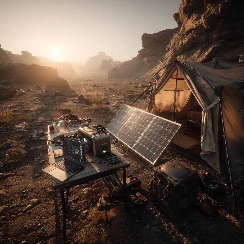 چادر کمپینگ در کنار پنل خورشیدی قابل حمل