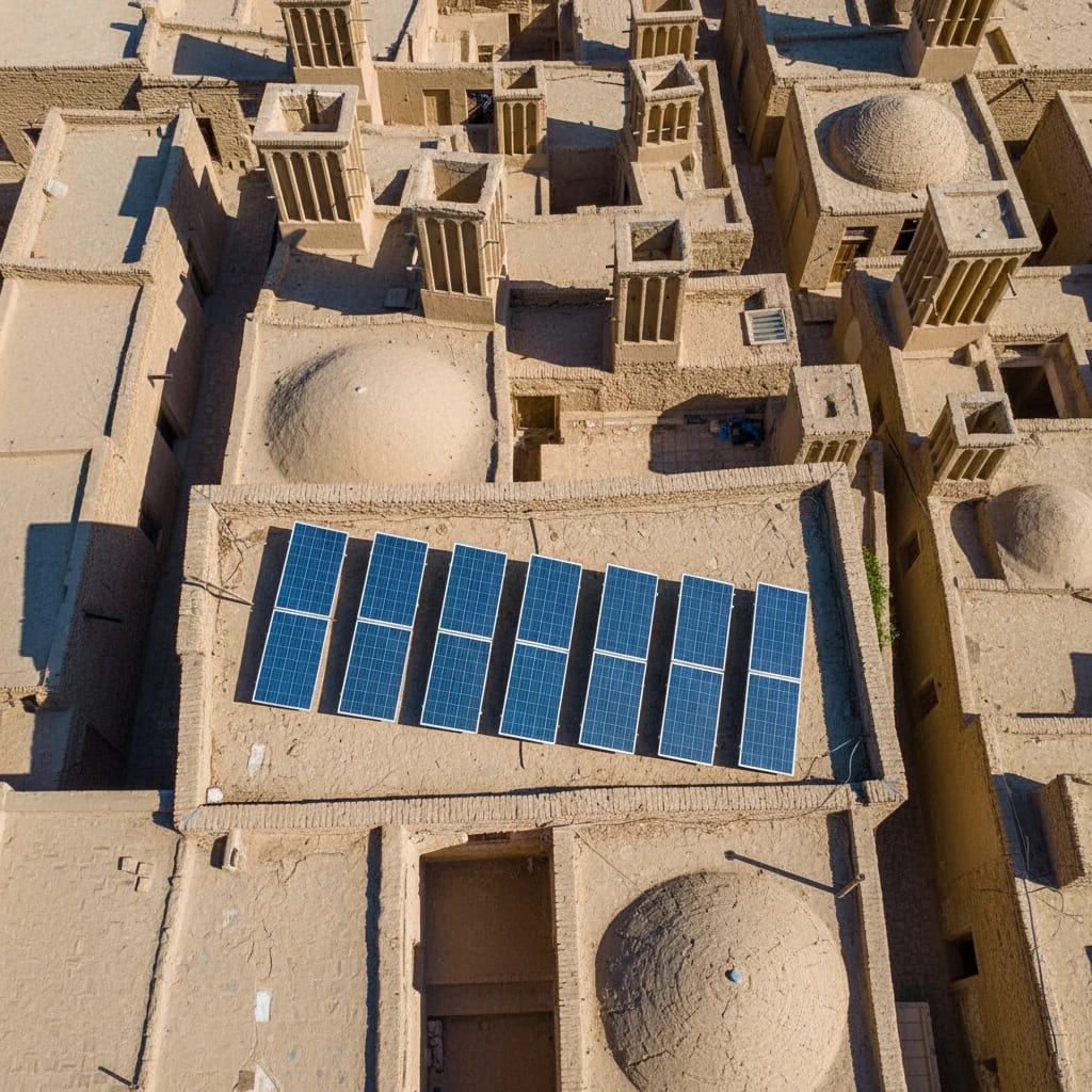 پنل‌ های خورشیدی آبی روی سقف یک ساختمان با معماری سنتی و بادگیر