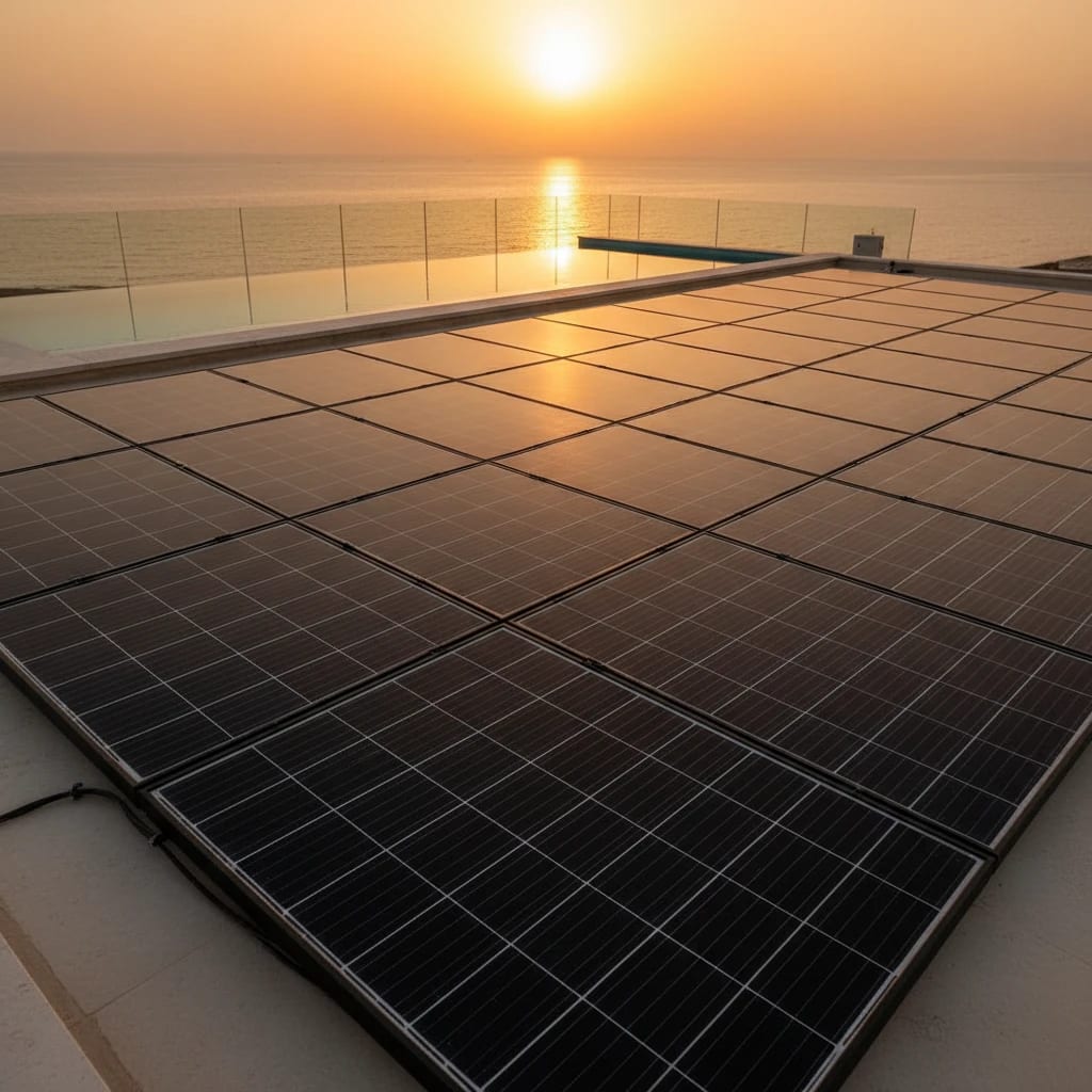 ردیف‌ های پنل خورشیدی سیاه و مدرن روی سقف یک ساختمان کنار دریا