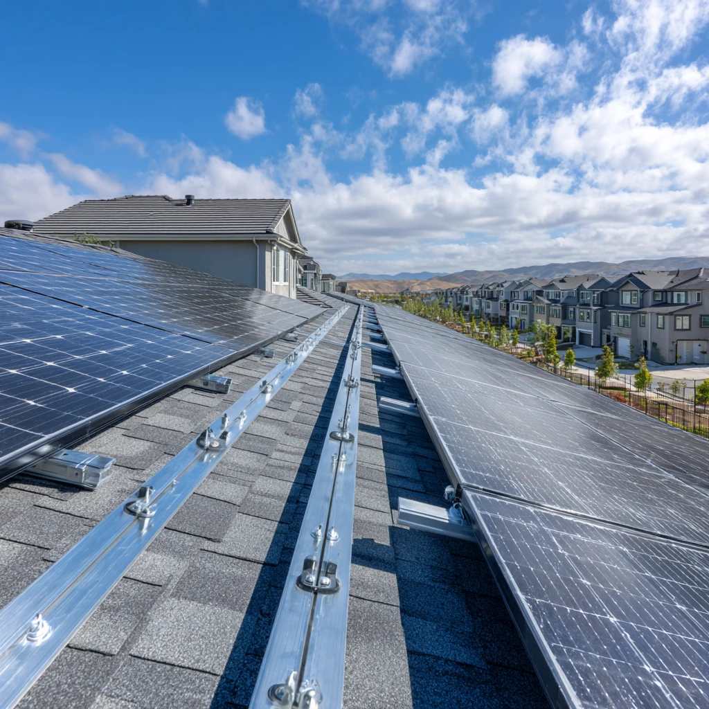 استراکچر پنل خورشیدی بر روی سقف آپارتمان با ریل‌ های زاویه‌ دار