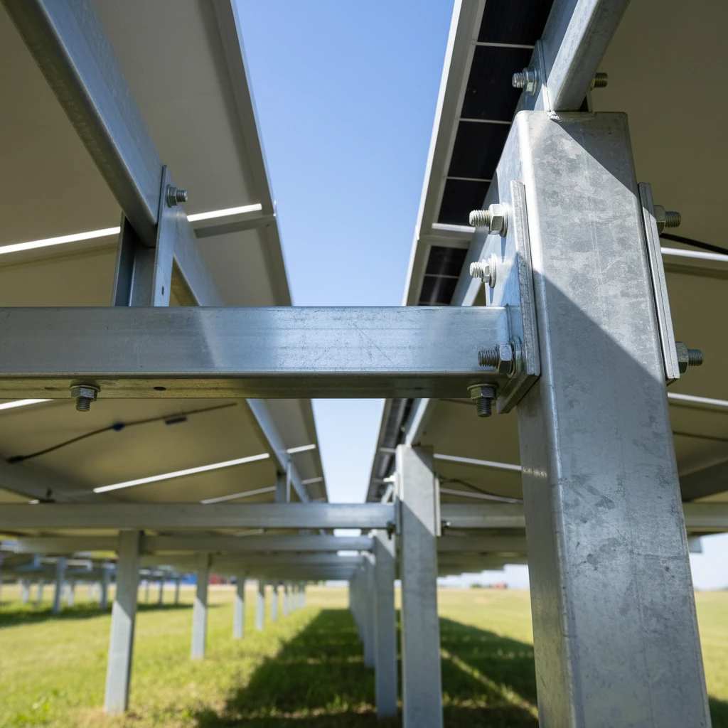 پایه‌ های فلزی پنل‌ های خورشیدی در مزرعه