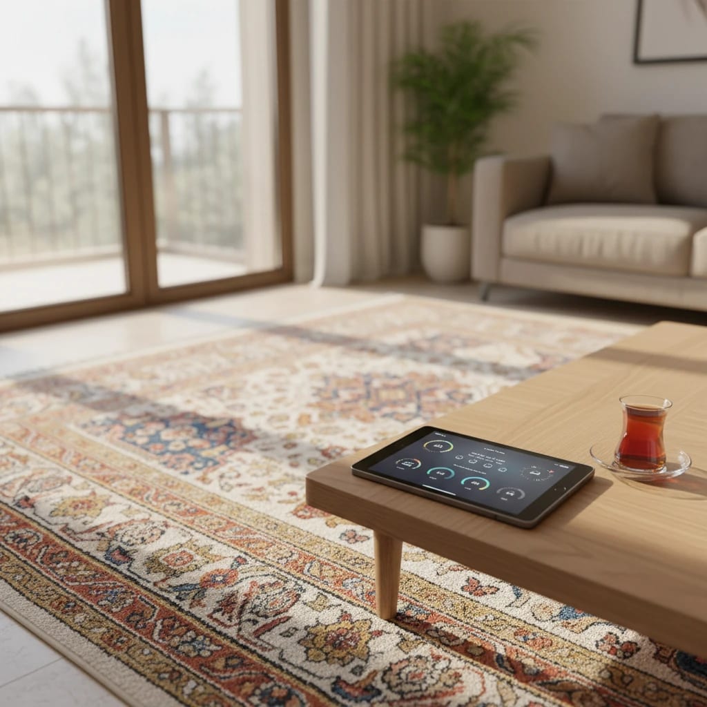 داشبورد مدیریت انرژی در تبلت؛ کنترل هوشمند انرژی خورشیدی برای بهینه‌ سازی مصرف خانه.