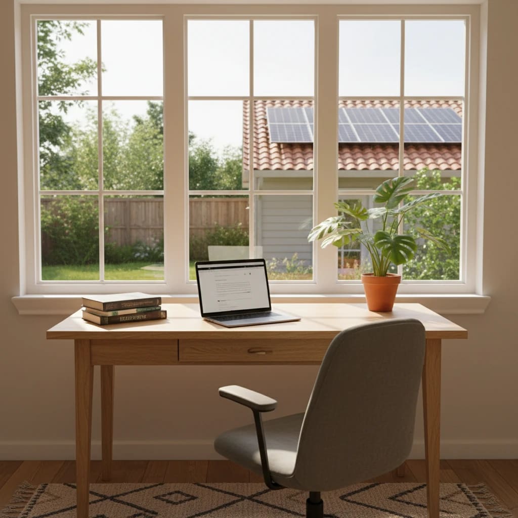 منظره میز کار با پنل‌ های خورشیدی در بیرون