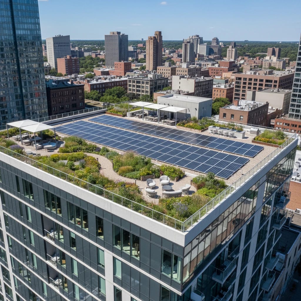 سیستم فتوولتائیک خانگی نسل جدید در ساختمانی بلند با فضای سبز و پنل خورشیدی روی پشت بام