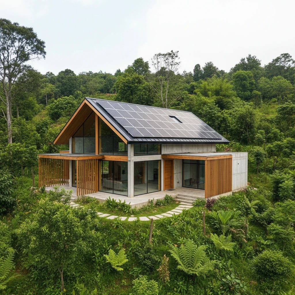 خانه مدرن با سقف شیبدار پوشیده از پنل خورشیدی در محیط جنگلی
