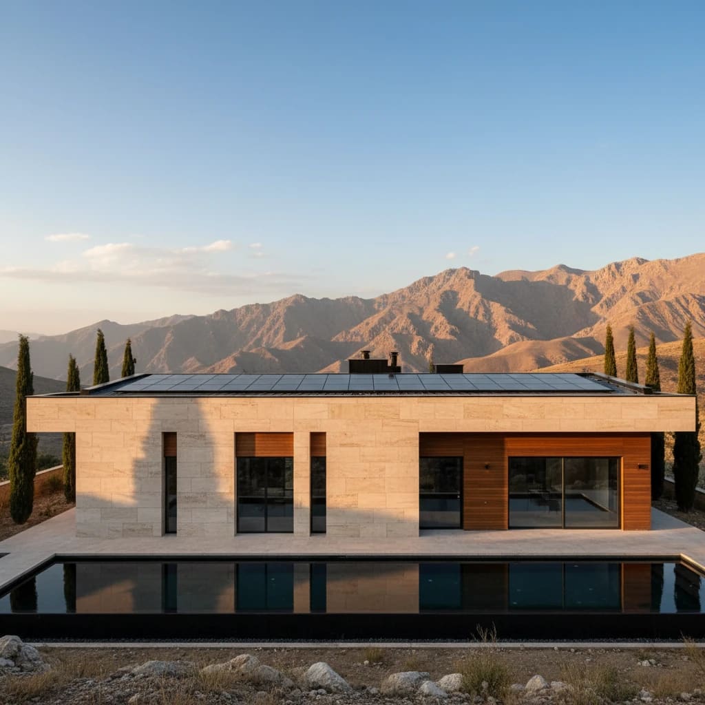 خانه مدرن تک طبقه با پنل خورشیدی روی سقف مسطح در منظره کوهستانی