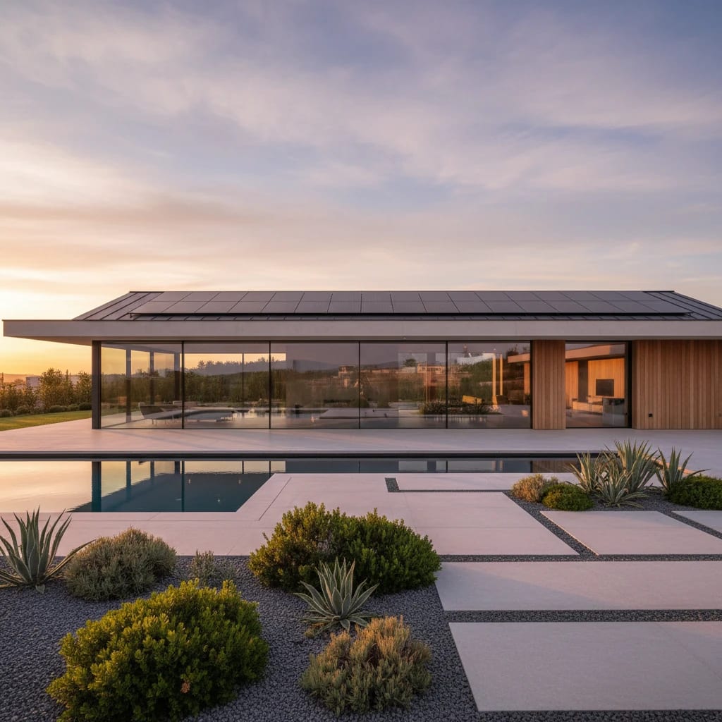ویلای مدرن با پنل‌ های خورشیدی و استخر هنگام غروب
