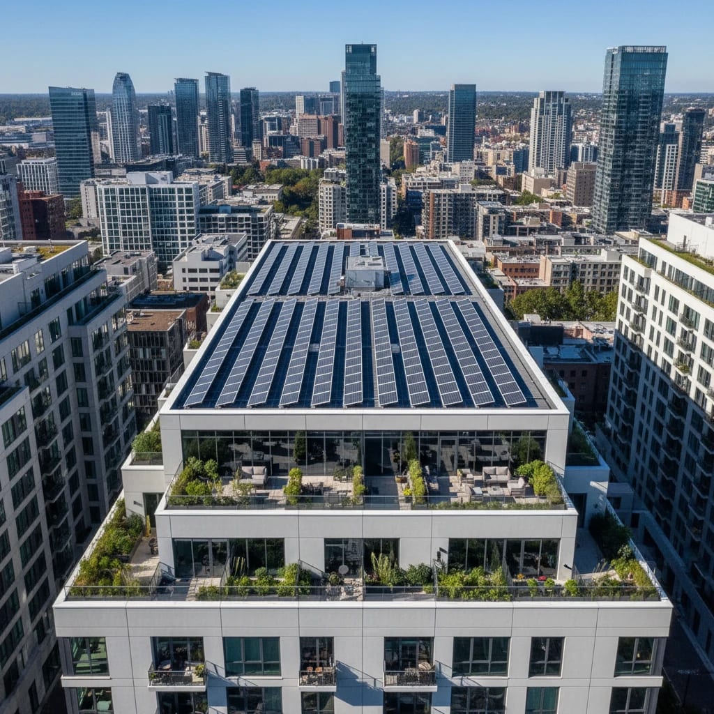 سیستم خورشیدی خانه‌ های نوساز بر روی بام یک آپارتمان مدرن.