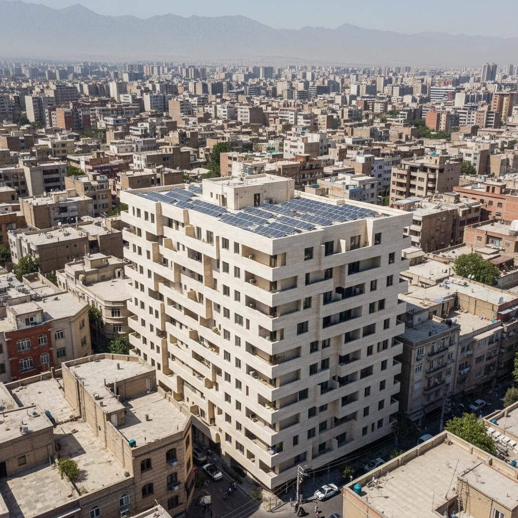 ساختمان نوساز با نمای سنگی پله‌ ای و پنل‌ های خورشیدی در تهران