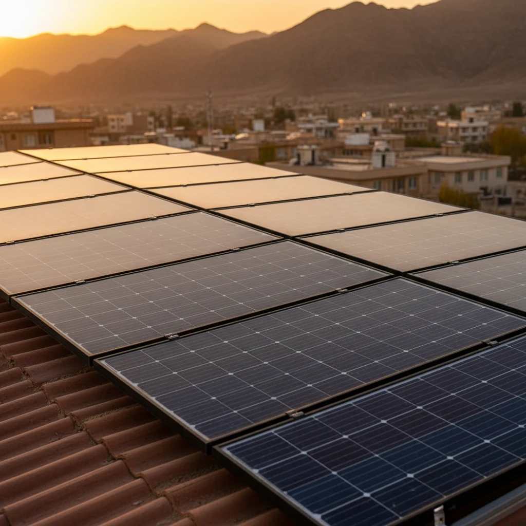 نمایی نزدیک از پنل‌ های خورشیدی روی سقف شیروانی در غروب