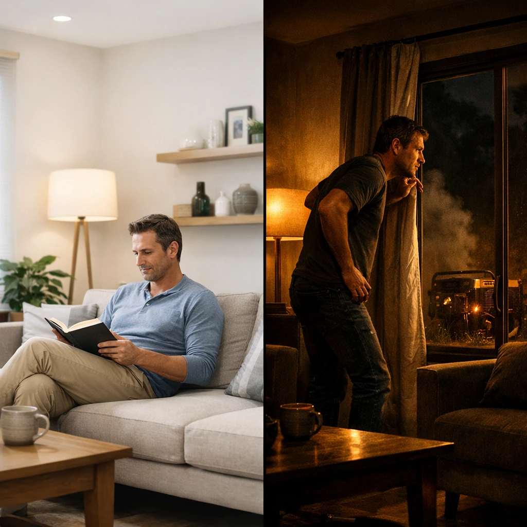 مقایسه تصویری آسایش در خانه روشن با دردسر های استفاده از ژنراتور پر سر و صدا