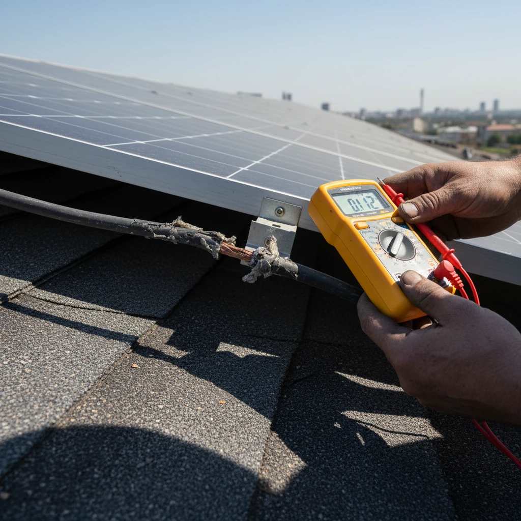 تکنسینی که با یک مولتی متر در حال اندازه گیری برقی روی یک کابل آسیب دیده در سقف کنار پنل ها