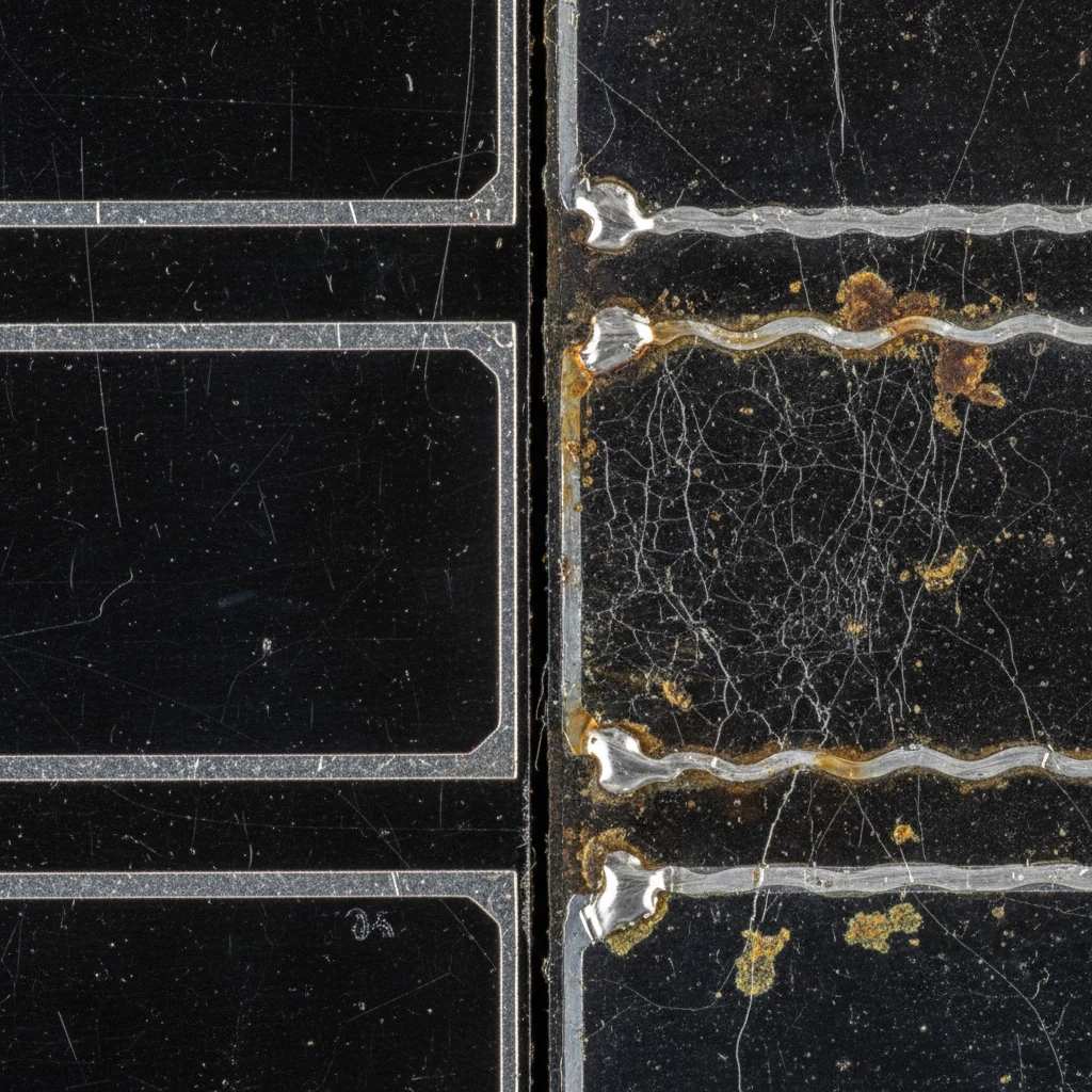 نمای نزدیک از خوردگی، زنگ زدگی و ترک های کوچک تار عنکبوتی روی سلول های خورشیدی