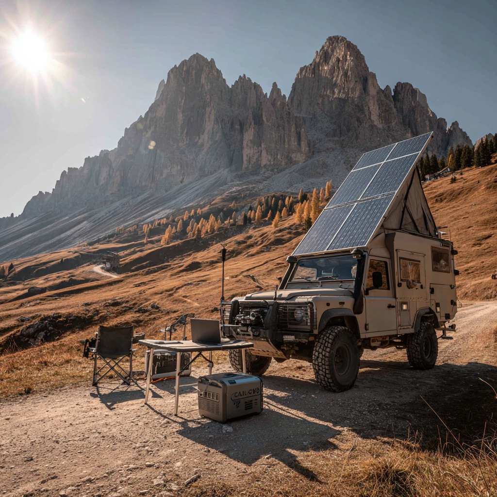 خودروی آفرود با پنل خورشیدی نصب شده روی چادر سقفی باز شده در کوهستان
