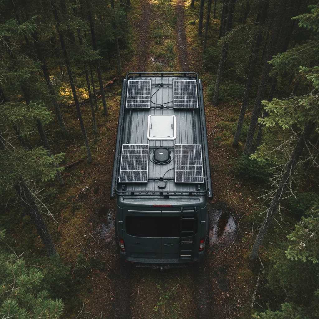نمای هوایی از سقف ون مسافرتی مجهز به چهار پنل خورشیدی در جنگل