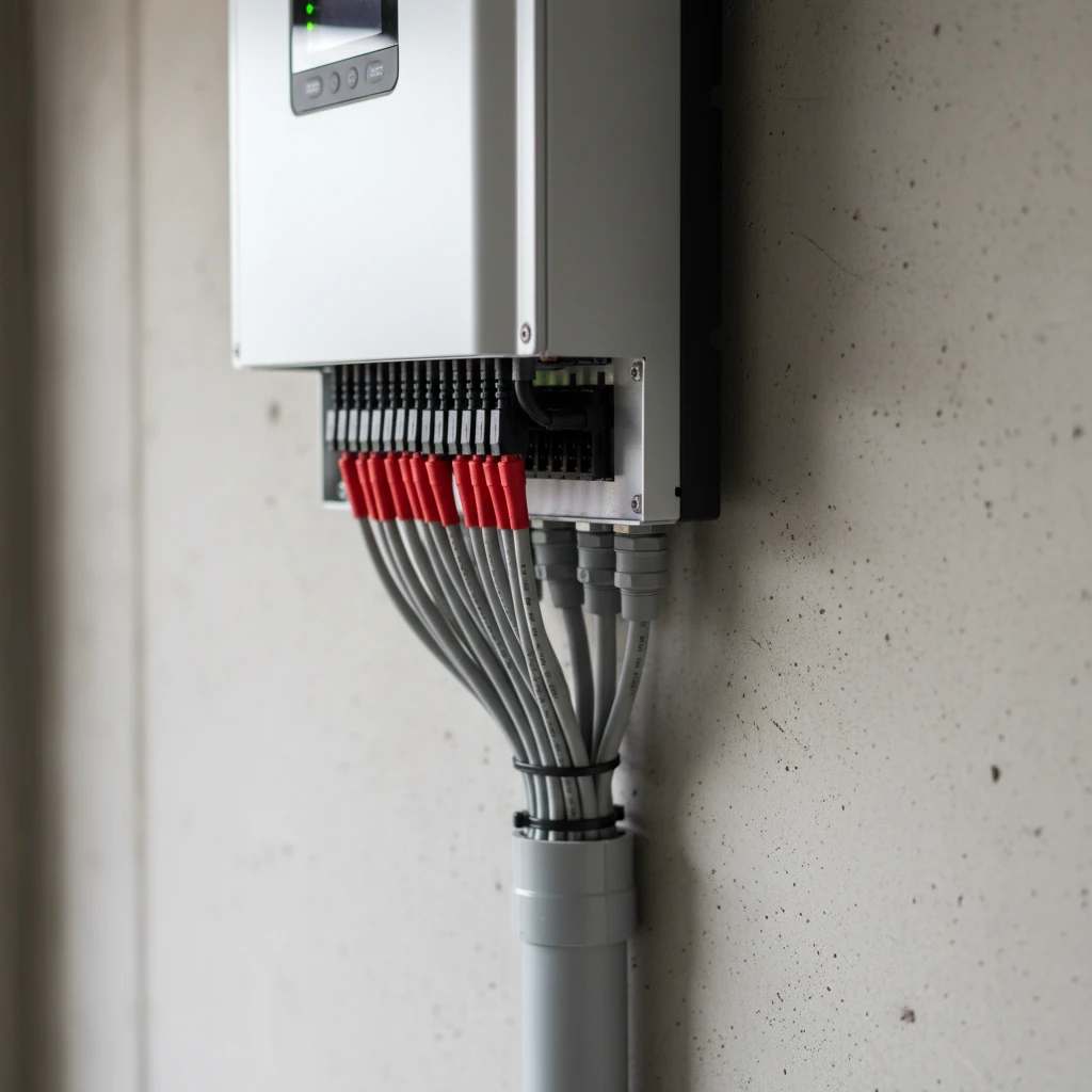 نمای نزدیک از اتصالات کابل‌های ورودی DC (رشته‌ های پنل) به اینورتر - شارژ کنترلر.