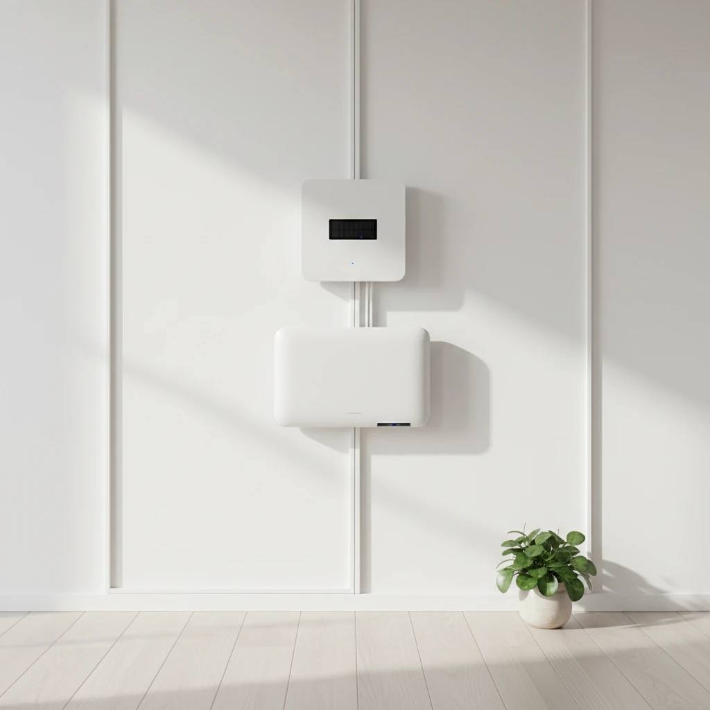 نصب مدرن و مینیمال تجهیزات خورشیدی (اینورتر و باتری) روی دیوار سفید.