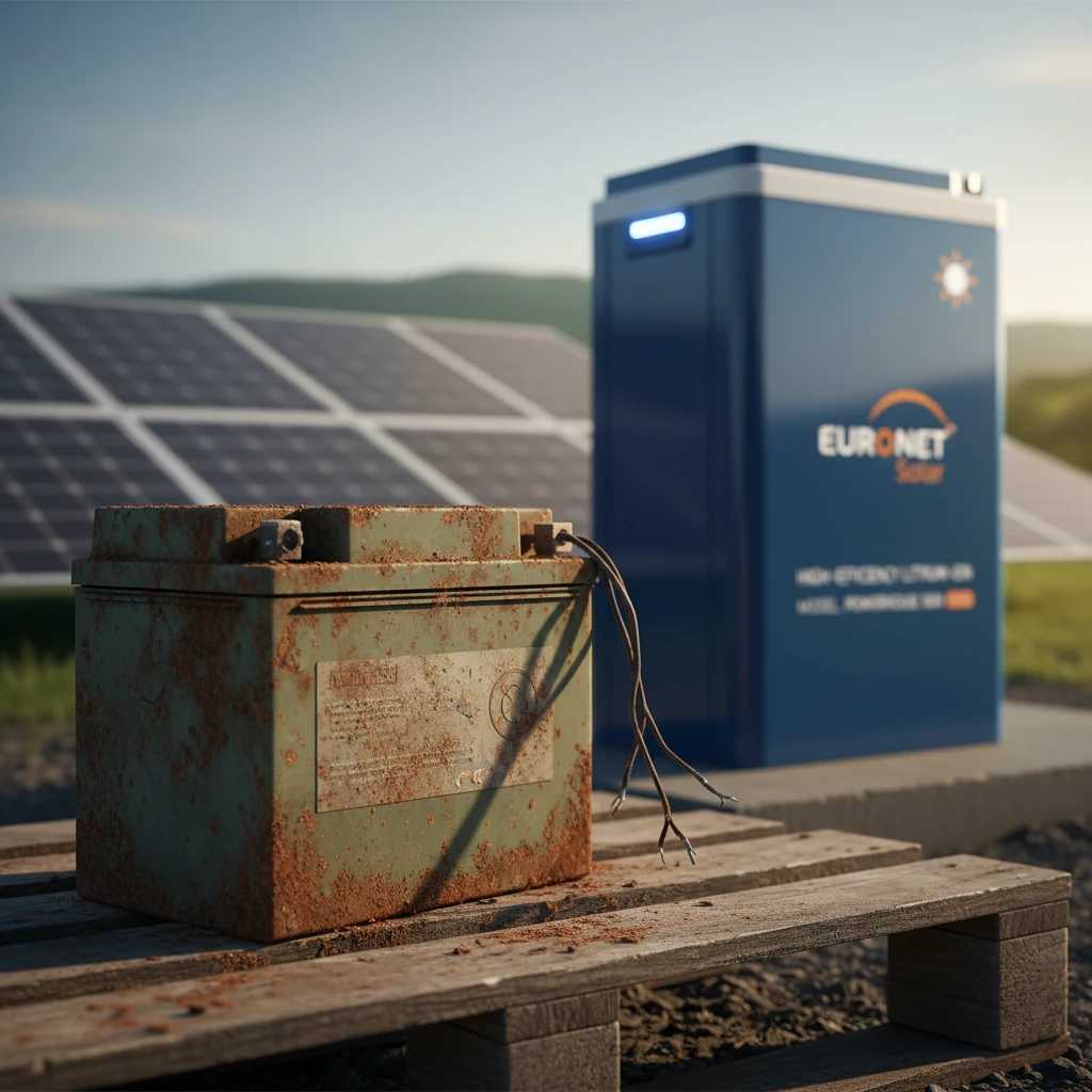 باتری فرسوده و زنگ‌ زده در کنار پنل