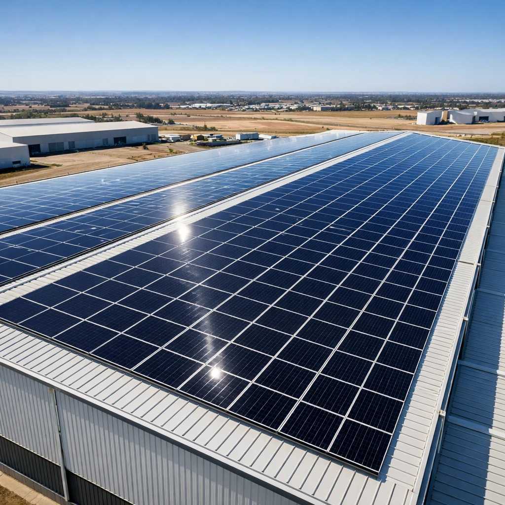 ردیف‌ های پنل فتوولتائیک روی سقف فلزی سوله