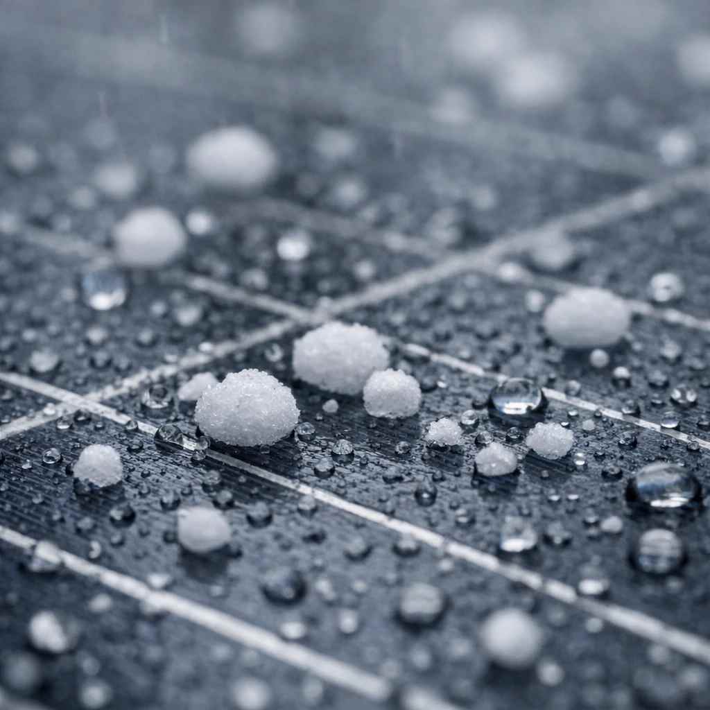 نمای نزدیک دانه های تگرگ روی سطح پنل خورشیدی