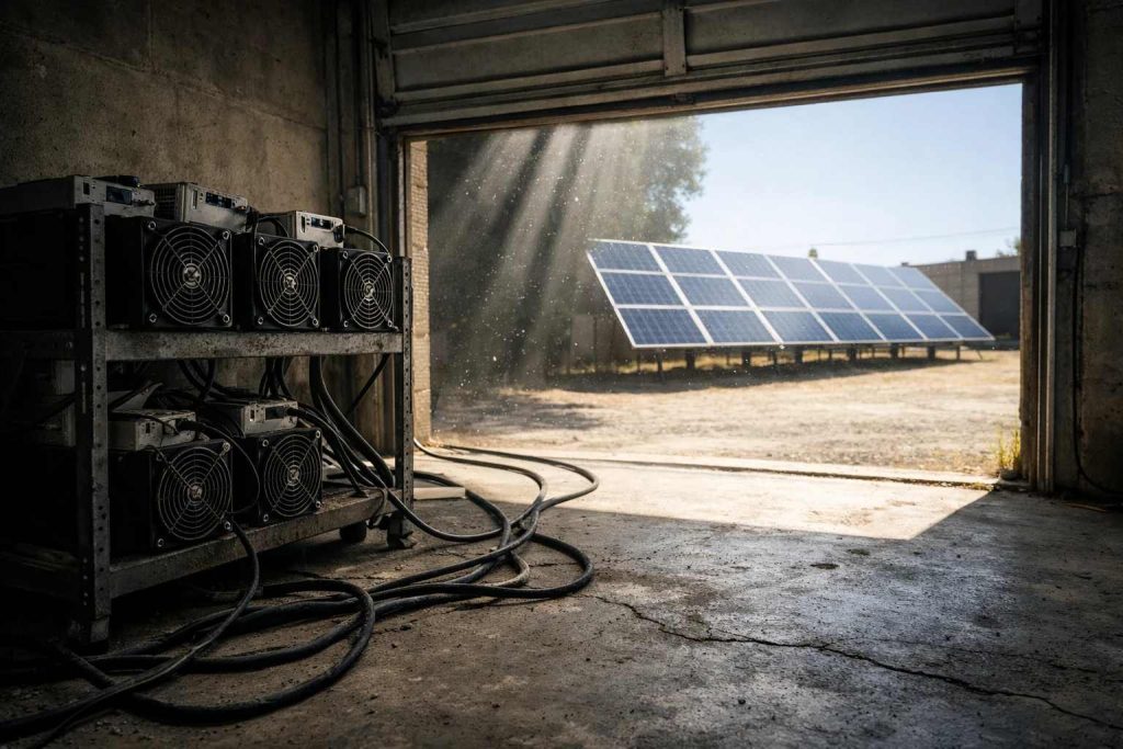 فارم کوچک استخراج ارز دیجیتال در کنار پنل خورشیدی