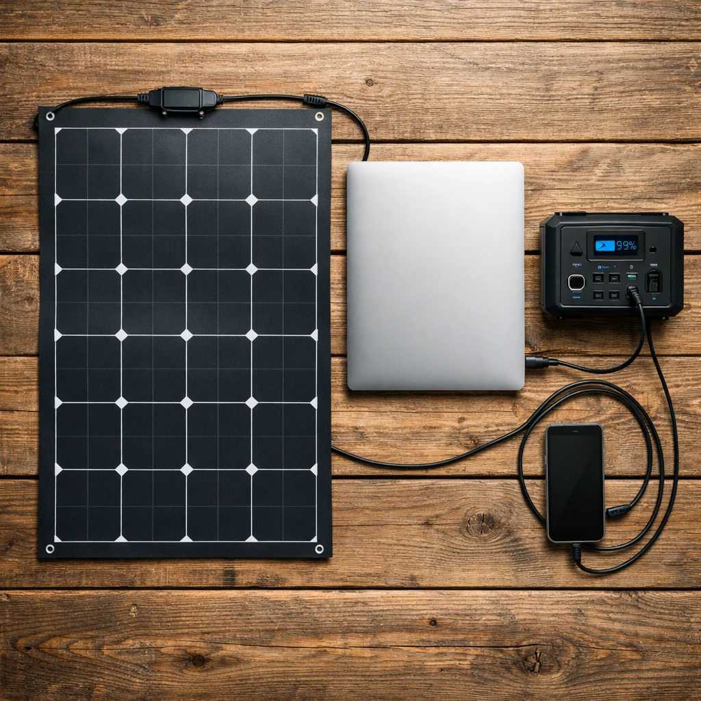 پنل خورشیدی در حال شارژ لپ تاپ و موبایل