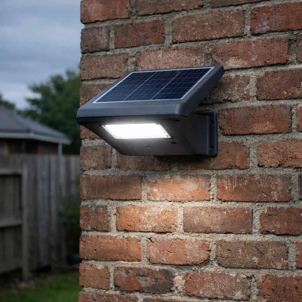 چراغ خورشیدی دیواری مدرن نصب شده روی دیوار آجری